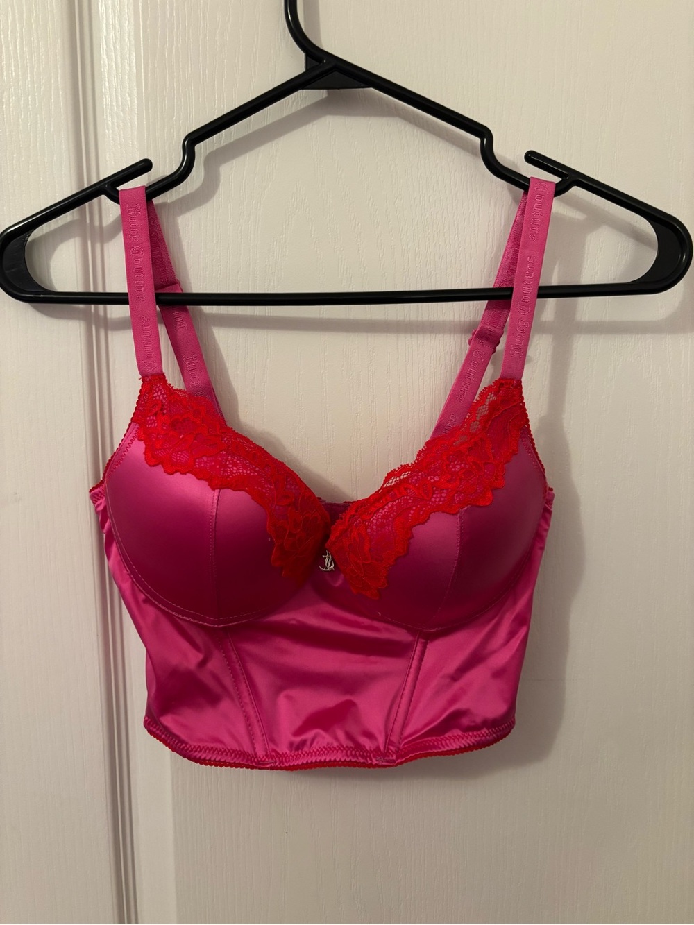 Juicy Couture Hot Pink Satin Longline Bra with Red Lace Trim